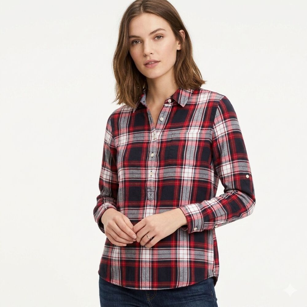 Tommy Hilfiger Plaid‎ Popover Shirt Red Navy Roll Tab Sleeve - Size L